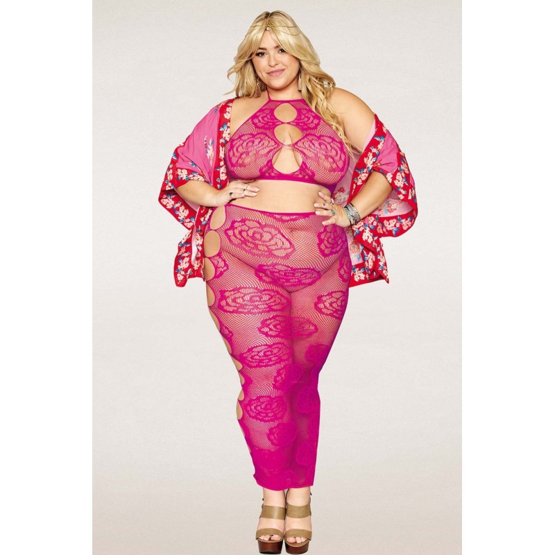 Ensemble Soutien-gorge et jupe longue en filet rose, grande taille 