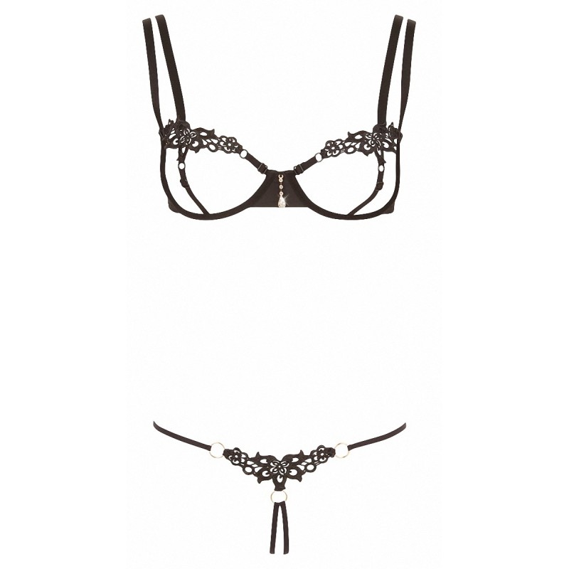 Ensemble dentelle string ouvert et seins nus noir - Cottelli Lingerie Cotelli lingerie