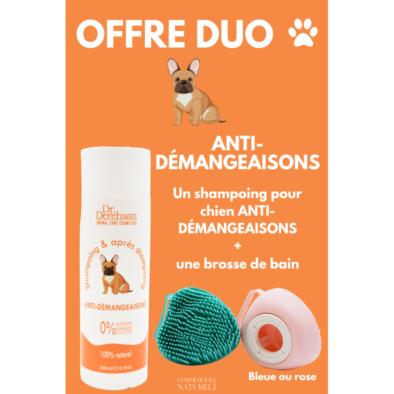 Shampoing pour chien 200ml + brosse de bain - OFFRE DUO - ANTI-DÉMANGEAISONS Dr. Derehsan Animal Care Cosmetics