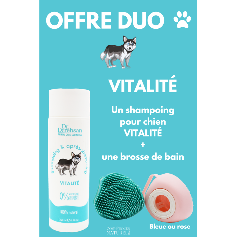 Shampoing pour chien 200ml + brosse de bain - OFFRE DUO - VITALITÉ Dr. Derehsan Animal Care Cosmetics
