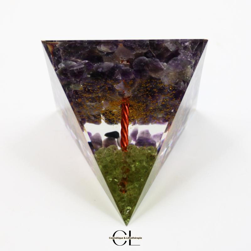 Orgonite pyramide Amethyste et Péridot Arbre de Vie Lithothérapie