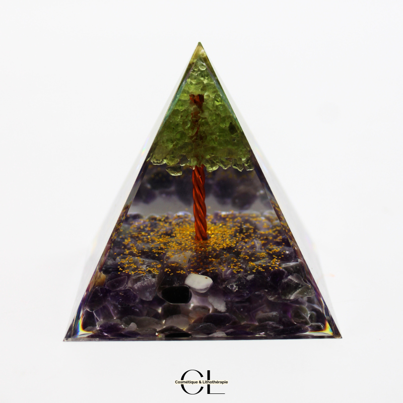 Orgonite pyramide Amethyste et Péridot Arbre de Vie Lithothérapie