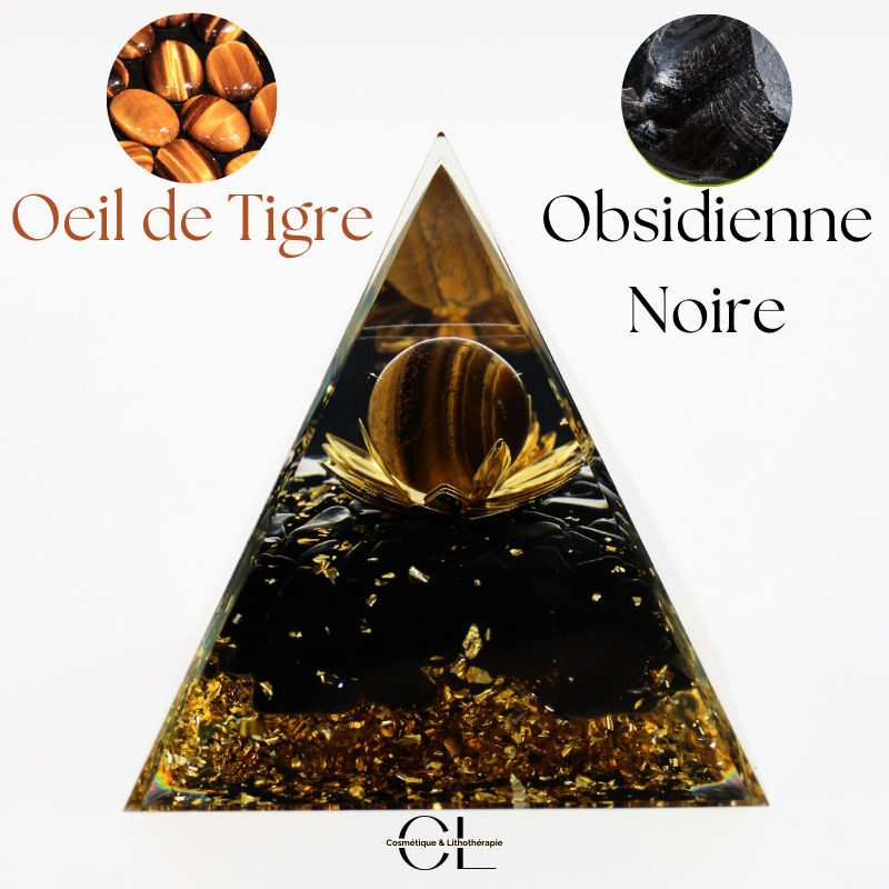 Orgonite pyramide Oeil de Tigre et Obsidienne Noire Lotus Lithothérapie