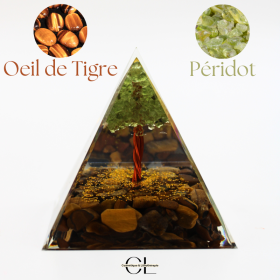 Orgonite pyramide Oeil de Tigre & Péridot Arbre de Vie Lithothérapie