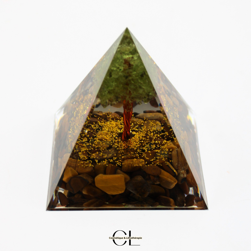 Orgonite pyramide Oeil de Tigre & Péridot Arbre de Vie Lithothérapie