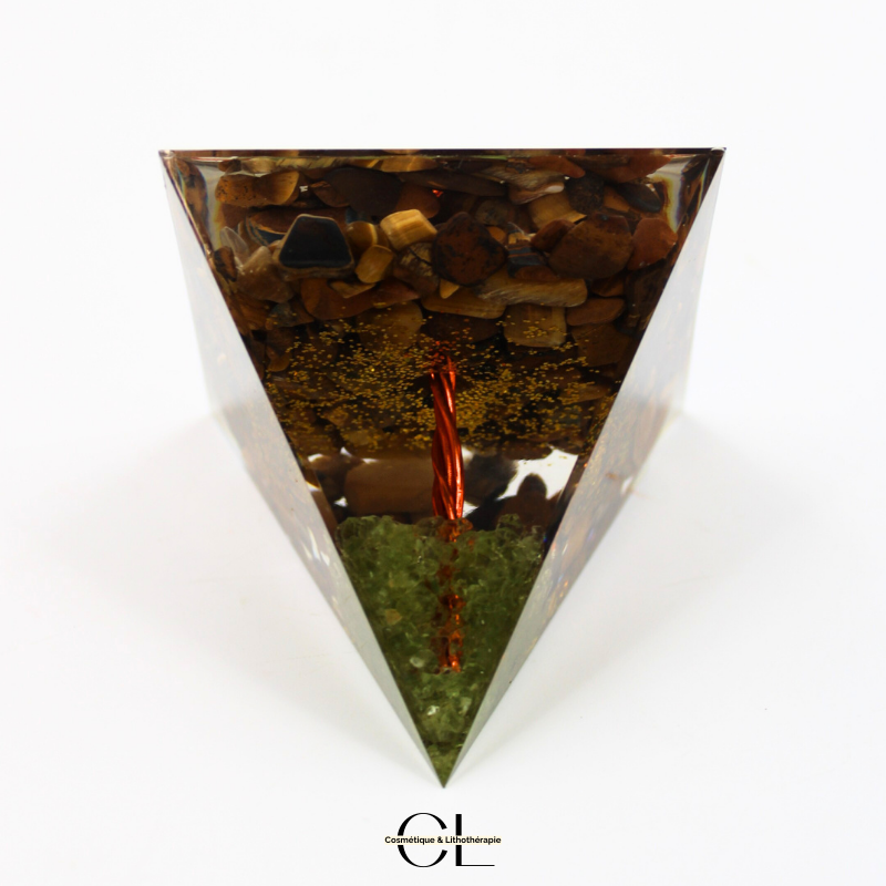 Orgonite pyramide Oeil de Tigre & Péridot Arbre de Vie Lithothérapie