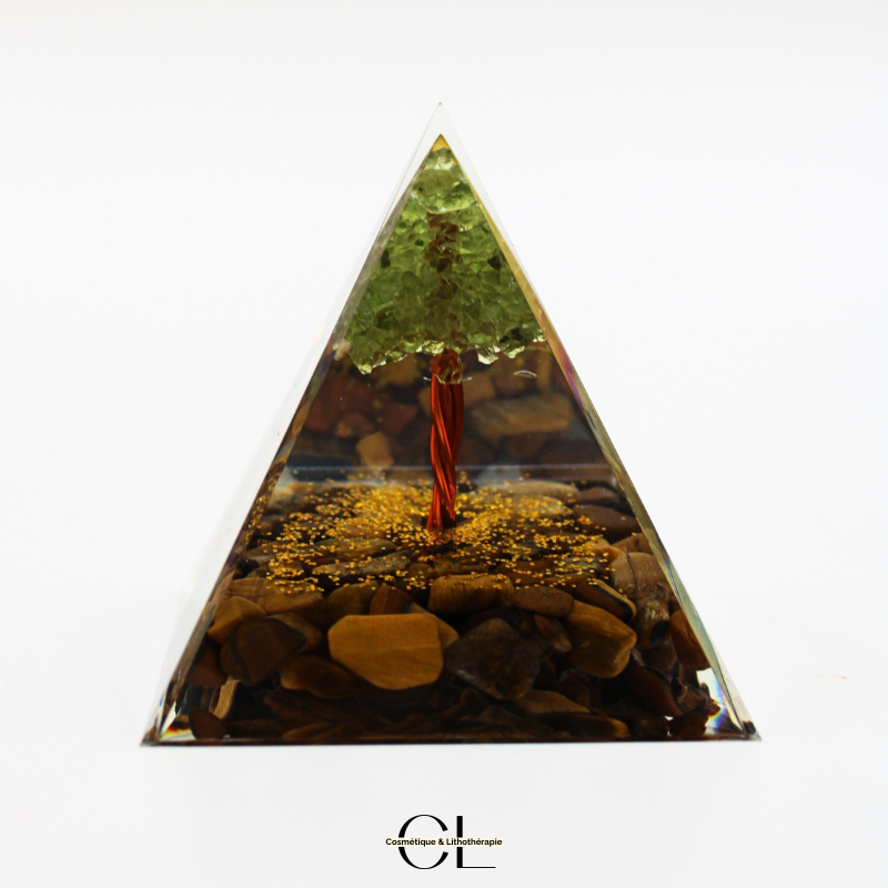 Orgonite pyramide Oeil de Tigre & Péridot Arbre de Vie Lithothérapie