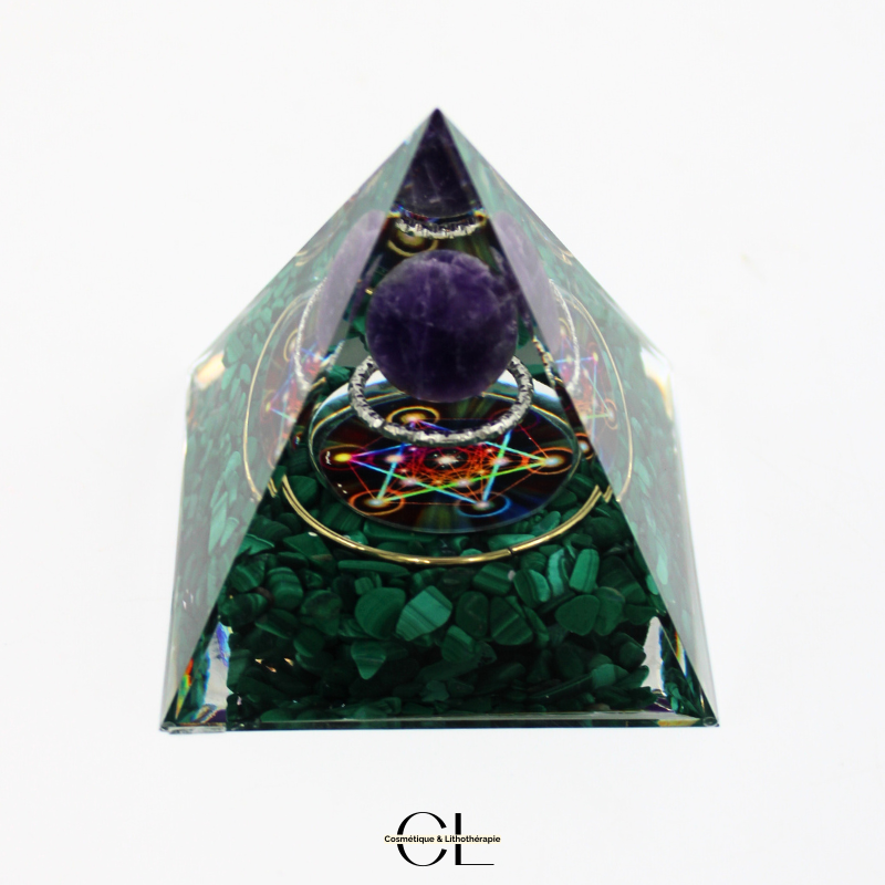Orgonite pyramide Amethyste & Malachite Métatron Lithothérapie