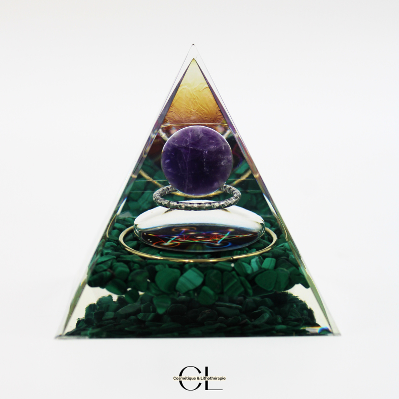 Orgonite pyramide Amethyste & Malachite Métatron Lithothérapie