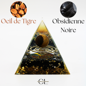 Orgonite pyramide Oeil de Tigre et Obsidienne Noire Arbre de Vie & Spirale Lithothérapie