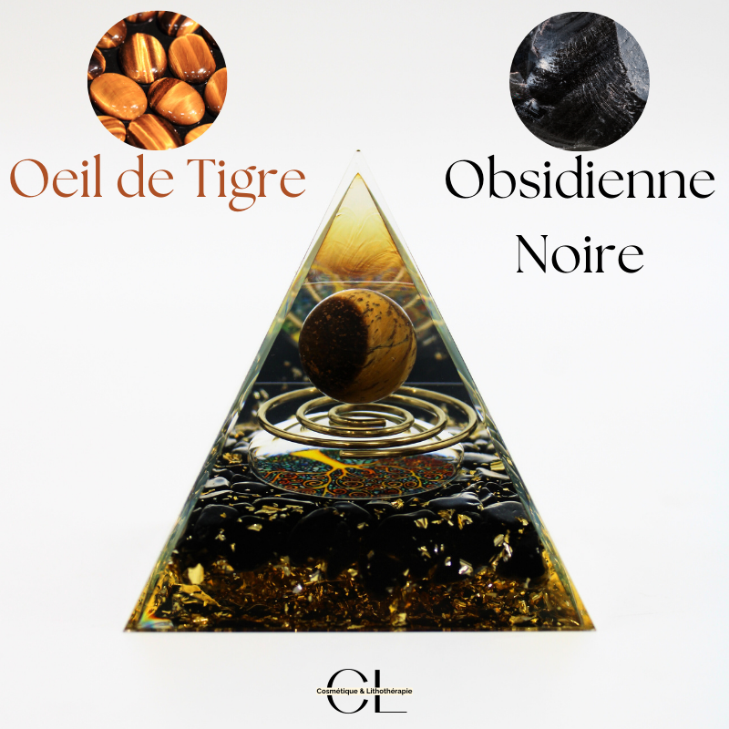 Orgonite pyramide Oeil de Tigre et Obsidienne Noire Arbre de Vie & Spirale Lithothérapie