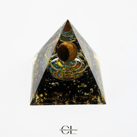 Orgonite pyramide Oeil de Tigre et Obsidienne Noire Arbre de Vie & Spirale Lithothérapie