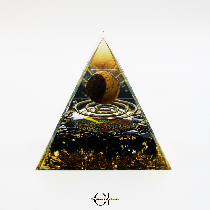 Orgonite pyramide Oeil de Tigre et Obsidienne Noire Arbre de Vie & Spirale Lithothérapie