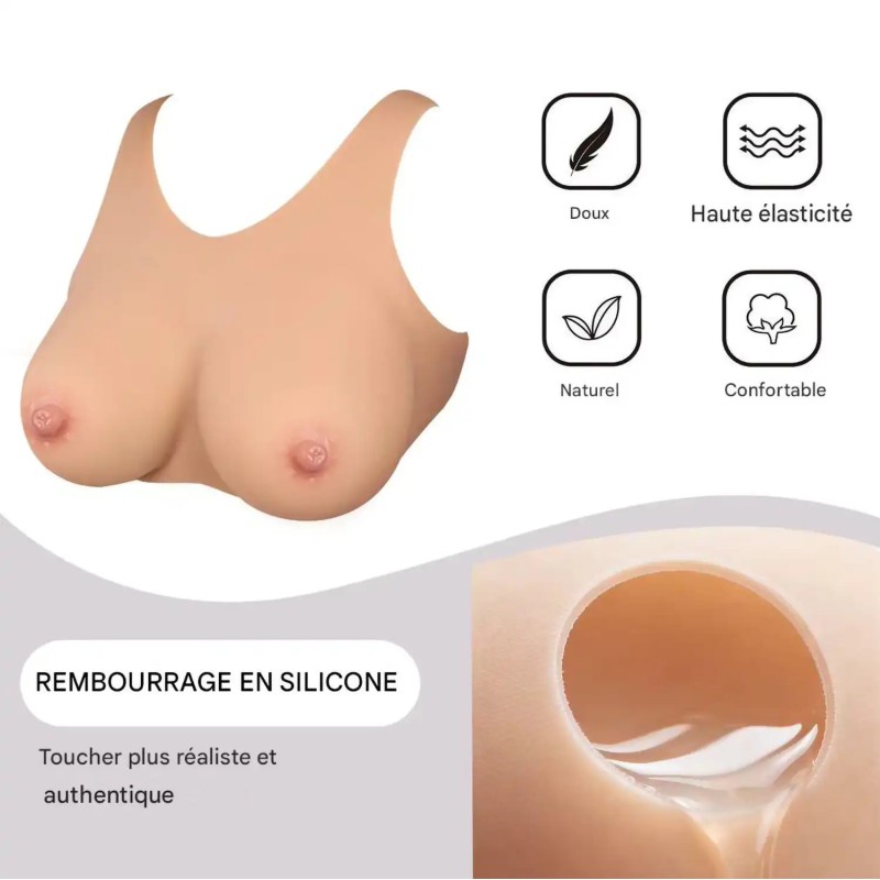 Buste faux seins silicone, style brassière, avec sangle Velcro