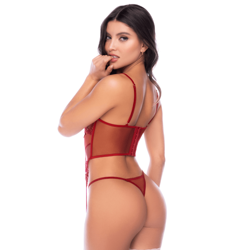 Ensemble 2 pièces avec bustier en dentelle brodée bois de rose, jarretelles et string - Mapalé Mapalé